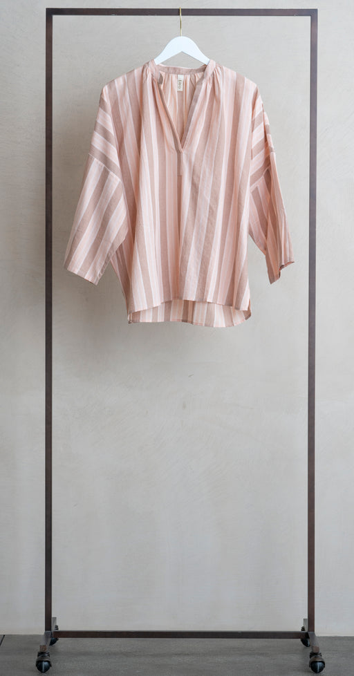Two Shirred Neck Shirt Peach Stripe