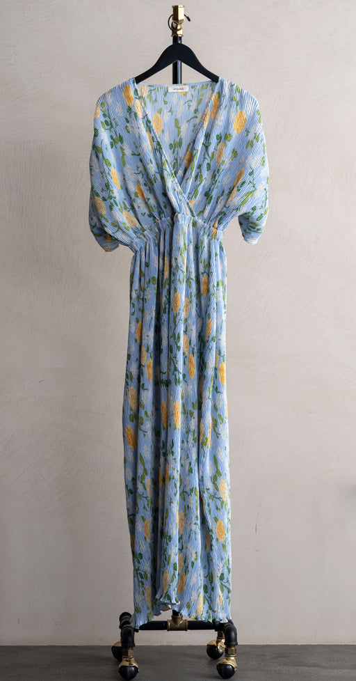 Verandah Plisse Maxi Dress Blue/Yellow Roses
