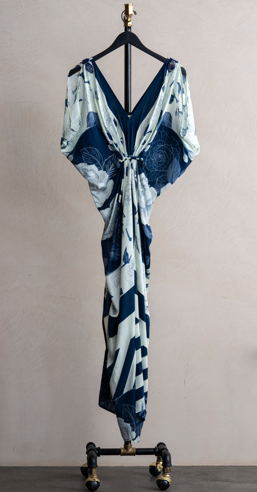 Verandah Hand Draped Gown Ivory/Navy Roses